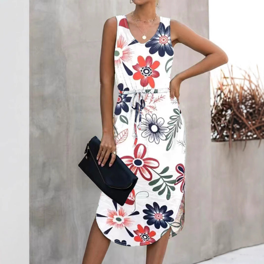 Damen Blumenmaxikleid mit elastischem Taillenkordelzug und seitlichem Schlitz R&B