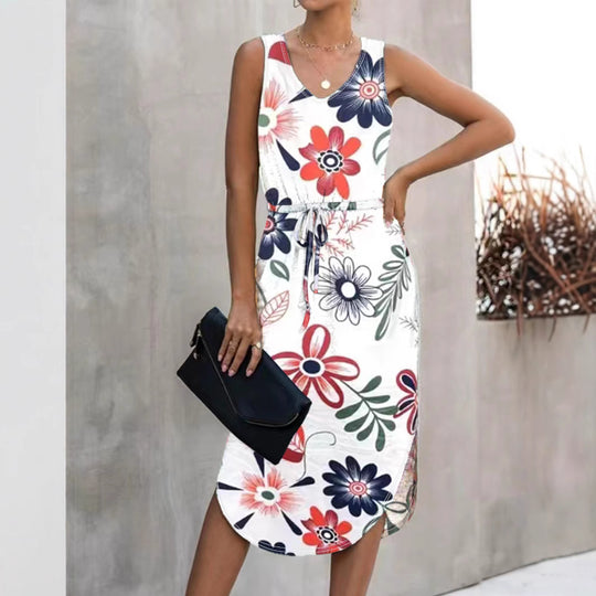 Damen Blumenmaxikleid mit elastischem Taillenkordelzug und seitlichem Schlitz R&B