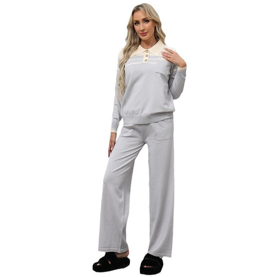 Damen lässiges Strick-Loungewear-Set mit Polokragen und dekorativen Knöpfen R&B