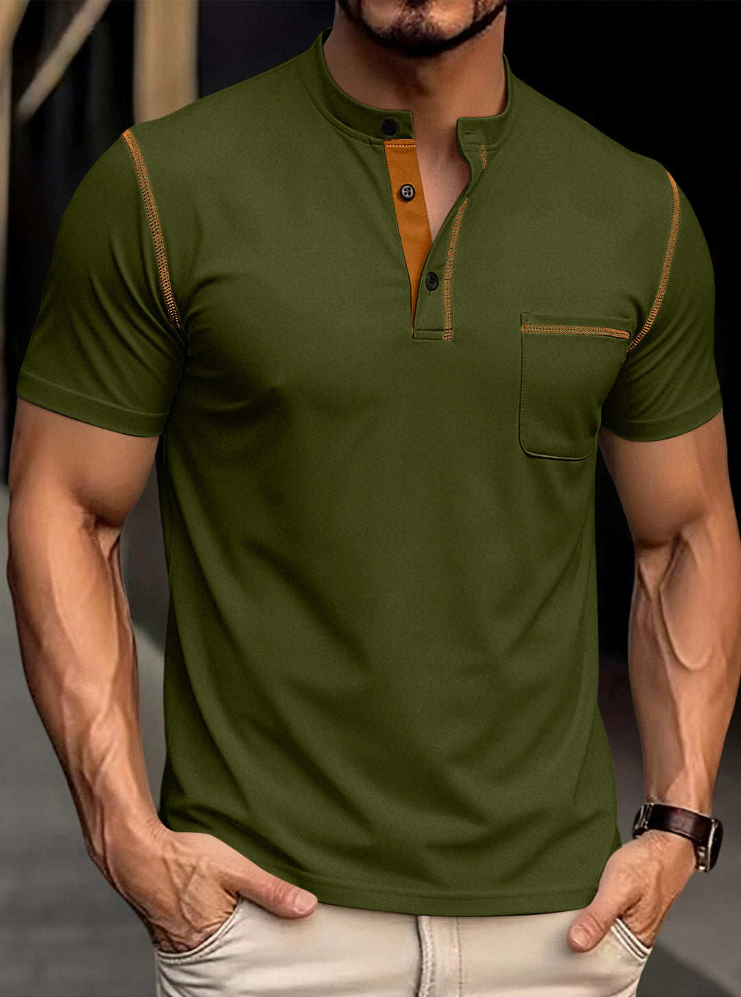 Herren nan modernes Kurzarm-Henley mit Stehkragen, Kontrastnähten und aufgesetzter Brusttasche R&B
