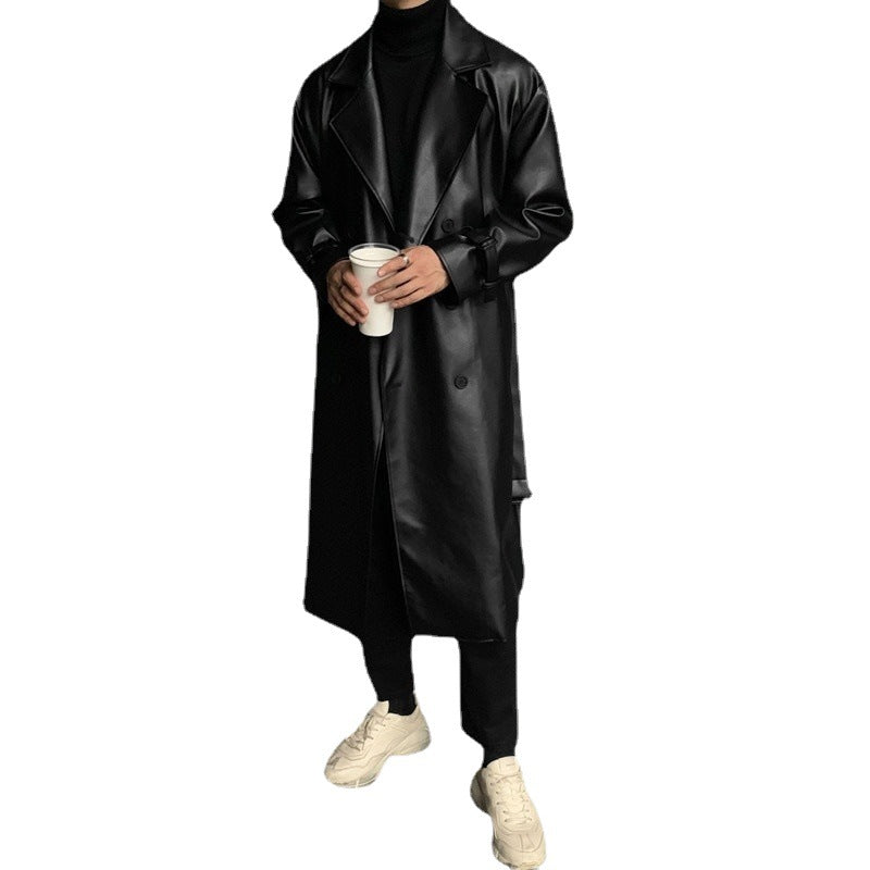 Herren modischer Longtrenchcoat aus hochwertigem Kunstleder mit elegantem Schnitt R&B