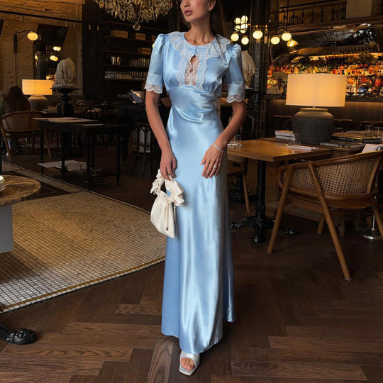 Damen Maxikleid mit eleganten Spitzenakzenten und V-Ausschnitt R&B