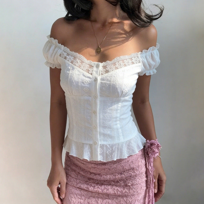 Damen Elegantes Blusenoberteil mit verspielten Puffärmeln und Knopfleiste R&B