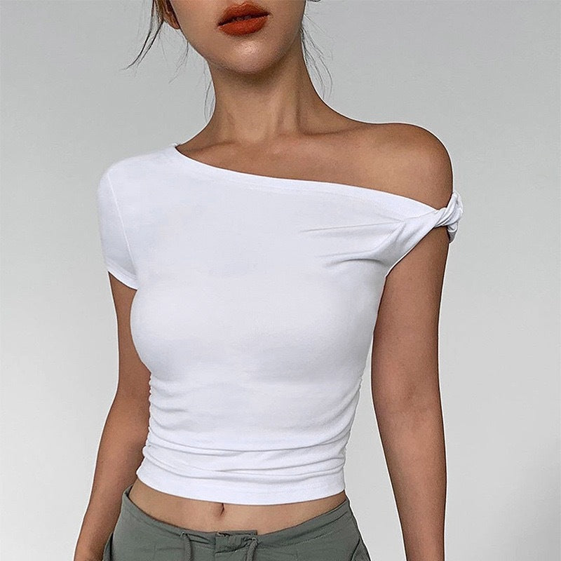 Damen Schulterfreies Crop-Top mit Raffung und modischen Knoten R&B