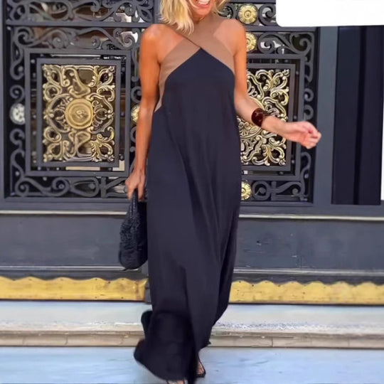 Damen elegant geschnittenes Maxikleid mit asymmetrischen Trägern und hochwertigem Stoff R&B