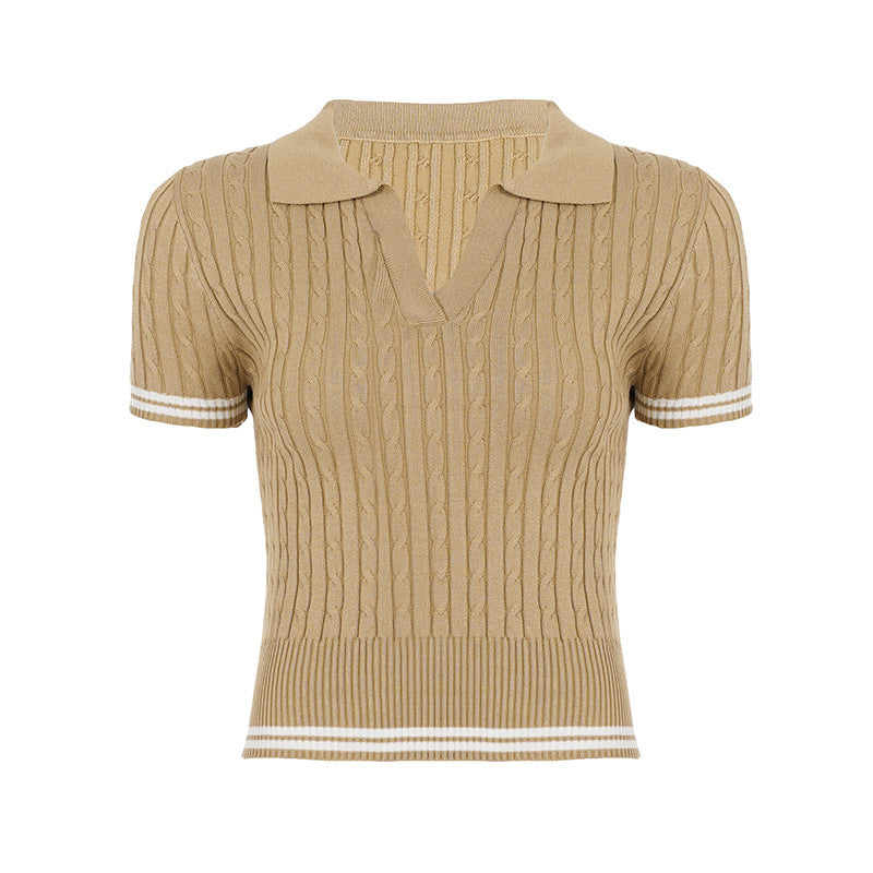 Damen kurzärmeliges Strickoberteil mit raffiniertem Rippmuster und Polokragen R&B