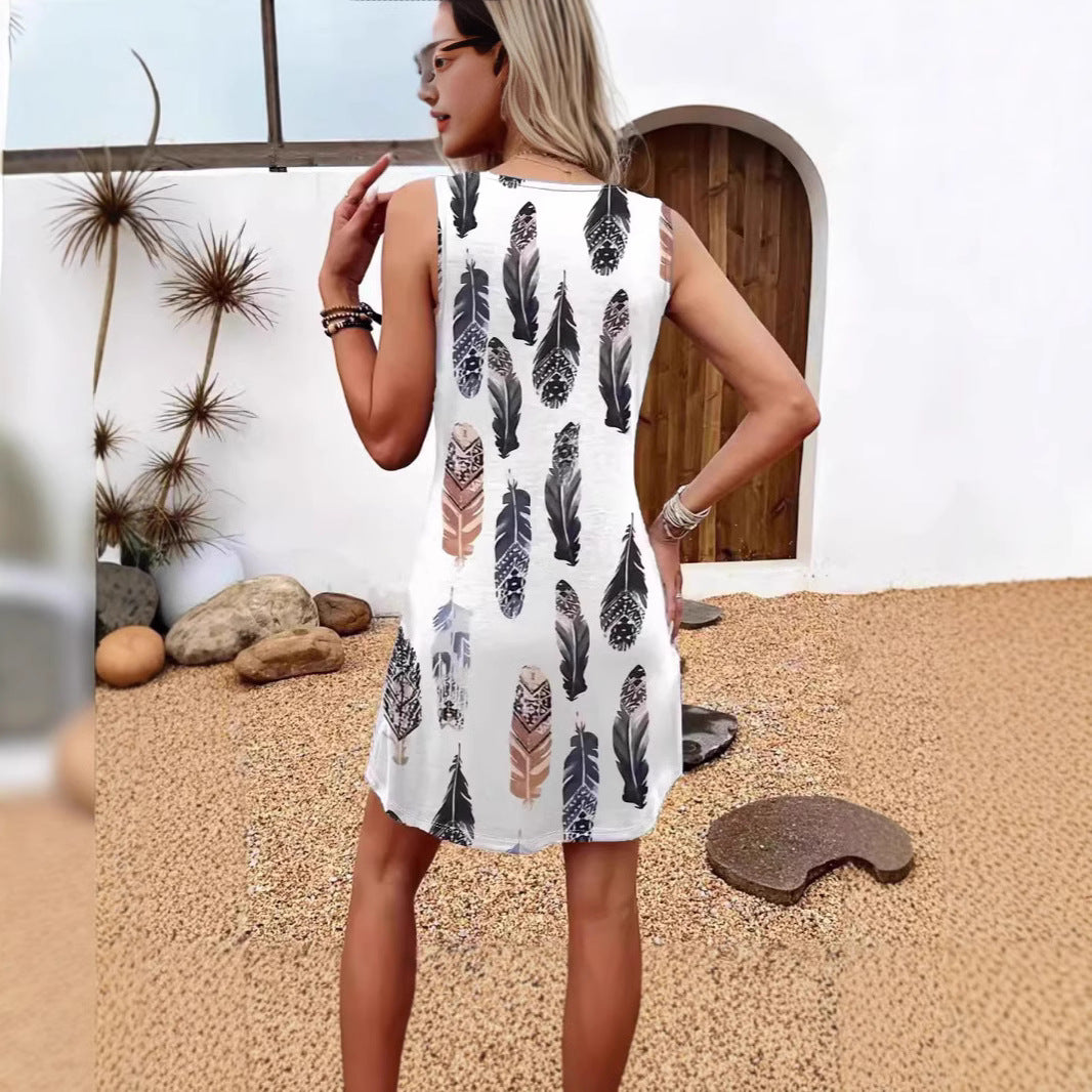 Damen lässiges Sommerkleid mit Federmuster und praktischen Seitentaschen R&B