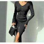 Damen Strickkleid mit V-Ausschnitt und Knopfleiste