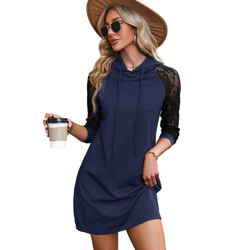 Damen Kapuzenkleid mit eleganten Spitzenärmeln R&B