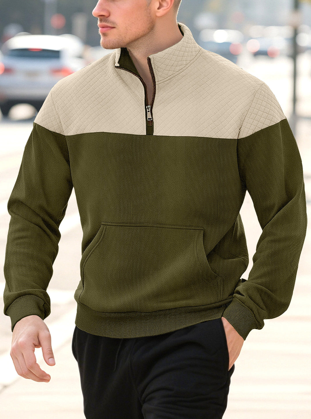 Herren nan Halbzip-Sweatshirt mit gesteppter Schulterpartie Kängurutasche und gerippten Bündchen R&B