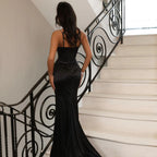 Damen Elegantes Satin-Maxikleid mit schmalem Schnitt und verführerischem V-Ausschnitt R&B