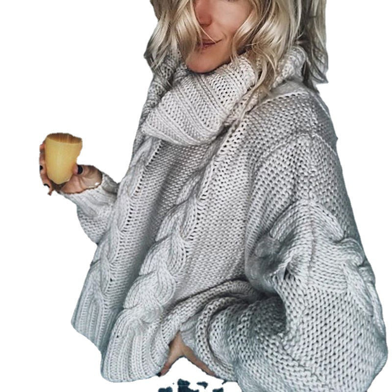Damen Grobstrickpullover mit hohem Kragen und femininen Zopfmuster R&B