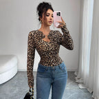 Damen nan figurbetonter Langarm-Body mit Leopardenprint und Zier-Ring R&B