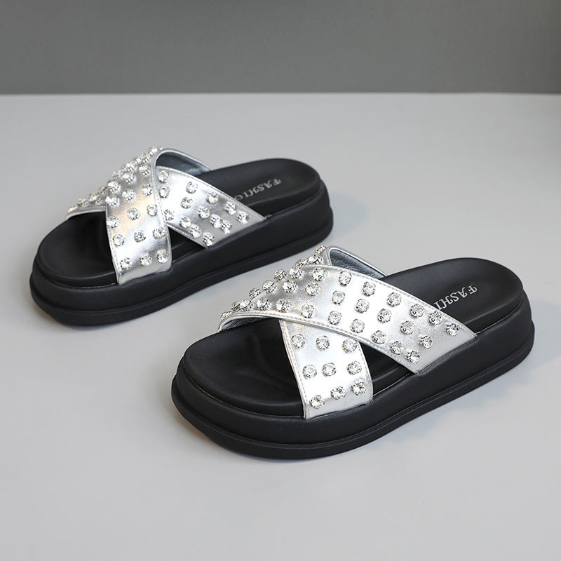 Damen Glitzernde Schlappen mit modischem Riemendesign und rutschfester Sohle R&B
