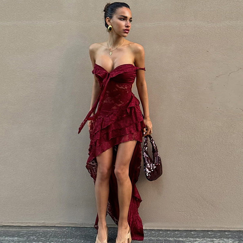 Damen asymmetrisches Spitzenkleid mit Rüschendetails R&B