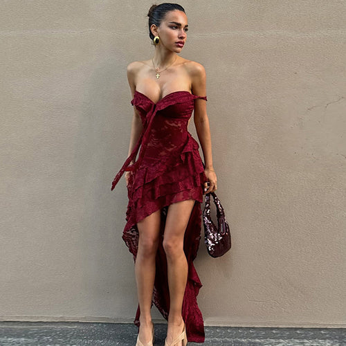 Damen asymmetrisches Spitzenkleid mit Rüschendetails R&B