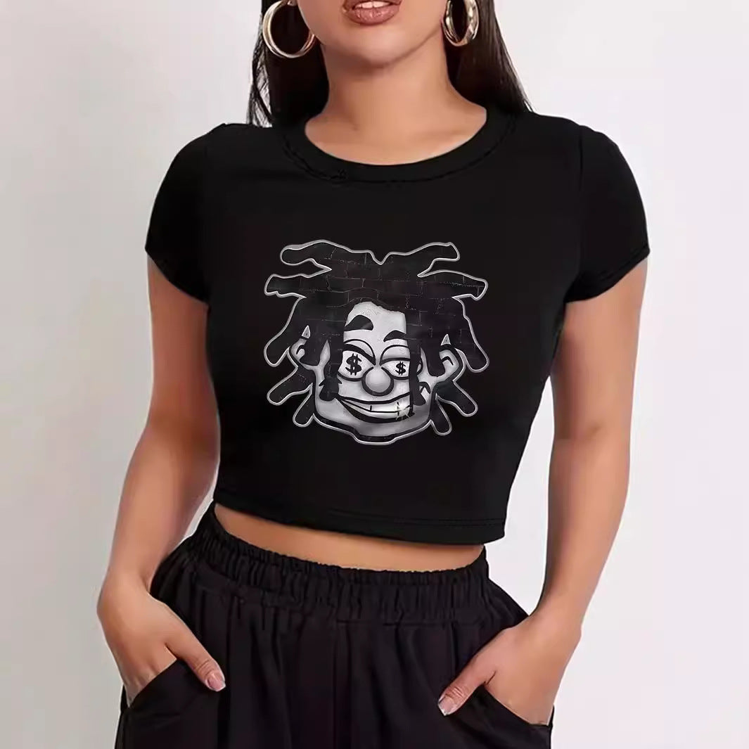 Damen Crop-T-Shirt mit kreativem Comic-Motiv R&B