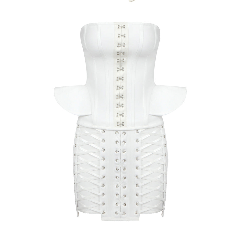 Damen Korsettkleid mit raffinierten Schnürdetails und voluminösen Ärmeln R&B