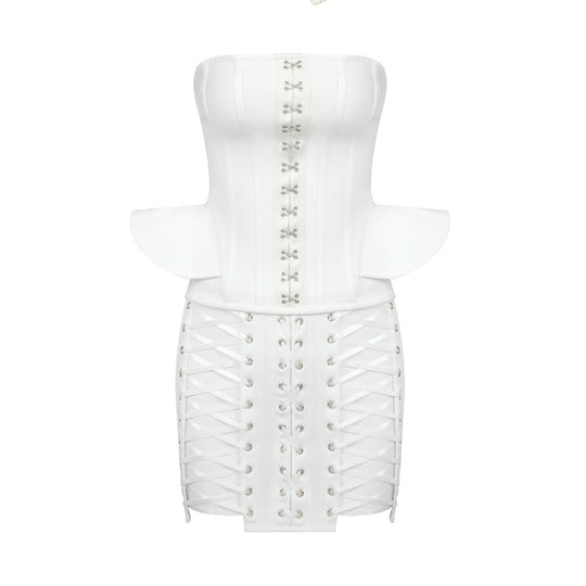 Damen Korsettkleid mit raffinierten Schnürdetails und voluminösen Ärmeln R&B