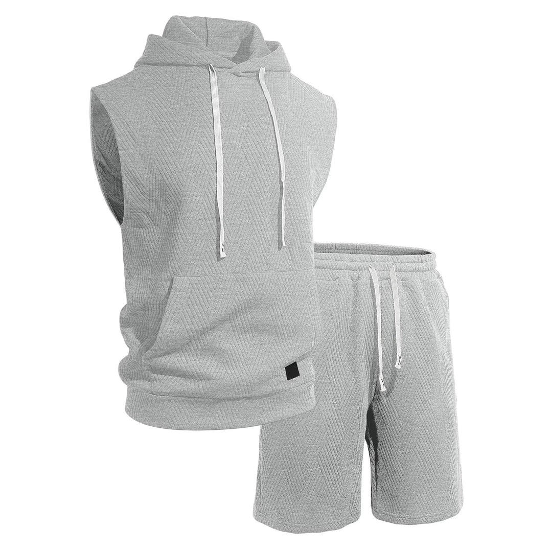 Herren nan ärmelloses Kapuzen-Lounge-Set aus strukturierter Baumwollmischung mit Kängurutasche und elastischer Freizeithose R&B