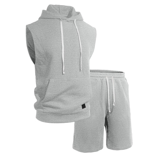 Herren nan ärmelloses Kapuzen-Lounge-Set aus strukturierter Baumwollmischung mit Kängurutasche und elastischer Freizeithose R&B