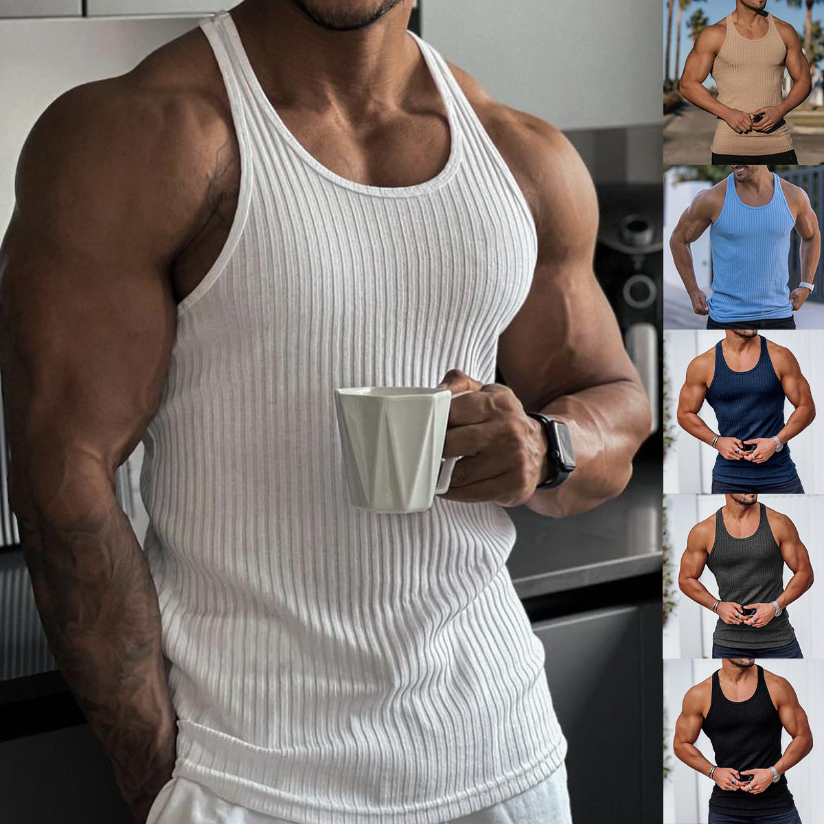 Herren nan geripptes Muskelshirt mit U-Ausschnitt und stretchigem Baumwollmix R&B