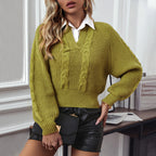 Damen Strickpullover mit Zopfdesign und modernem Kragen