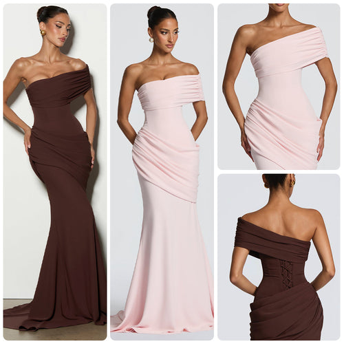 Damen Elegantes, schulterfreies Abendkleid mit raffinierten Drapierungen und fließendem Schnitt R&B