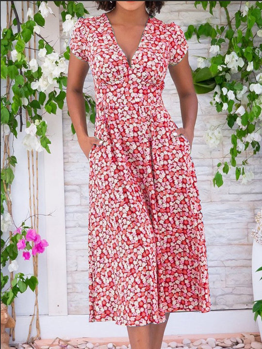 Damen Maxi-Kleid mit floralen Mustern und Taschen R&B