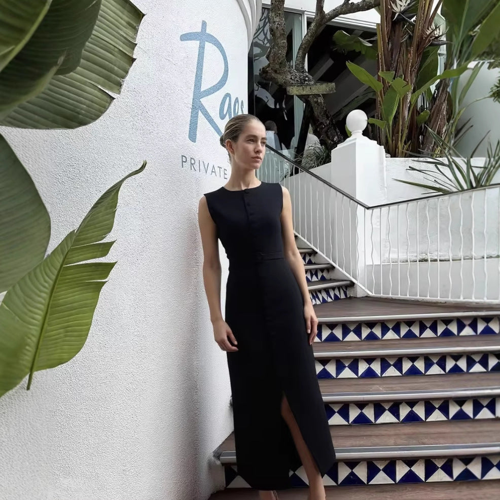 Damen ärmelloses Wickelkleid mit Knopfverschluss und Taillengürtel R&B