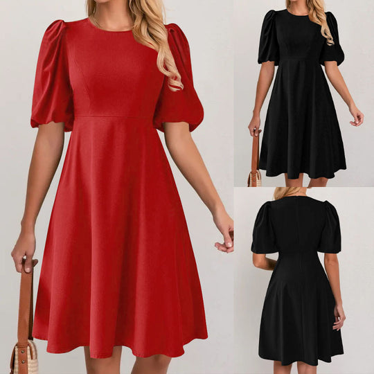 Damen Puffärmel Kleid mit fließendem Schnitt und Taillenbetonung R&B