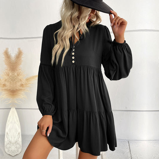 Damen lässiges Tunika-Kleid mit Knopfdetail und Volant-Design R&B