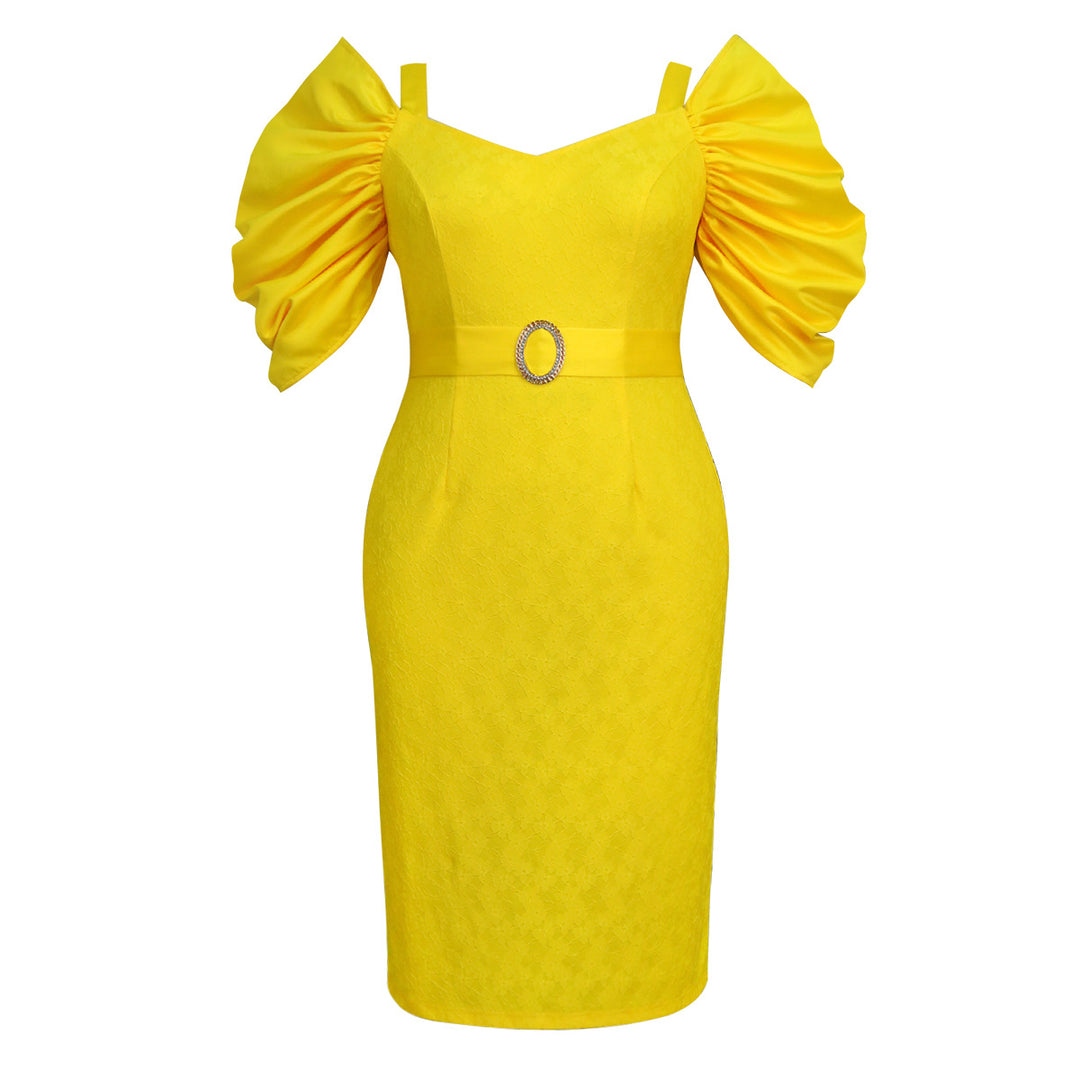 Damen figurbetontes Kleid mit voluminösen Puffärmeln und glitzerndem Gürtel R&B