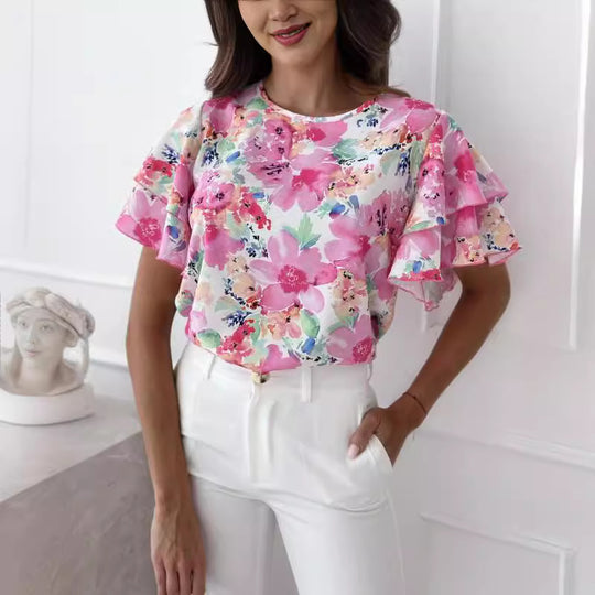 Damen Bluse mit Volants und floralem Muster R&B