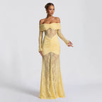 Damen elegantes Spitzenkleid mit Off-Shoulder-Ausschnitt und Raffungen R&B