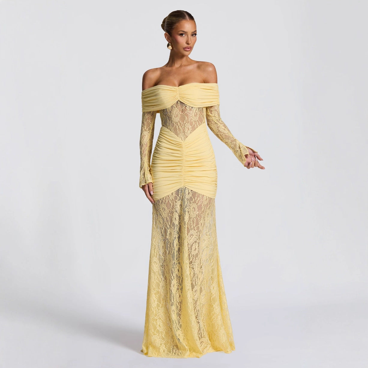 Damen elegantes Spitzenkleid mit Off-Shoulder-Ausschnitt und Raffungen R&B