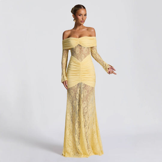 Damen elegantes Spitzenkleid mit Off-Shoulder-Ausschnitt und Raffungen R&B