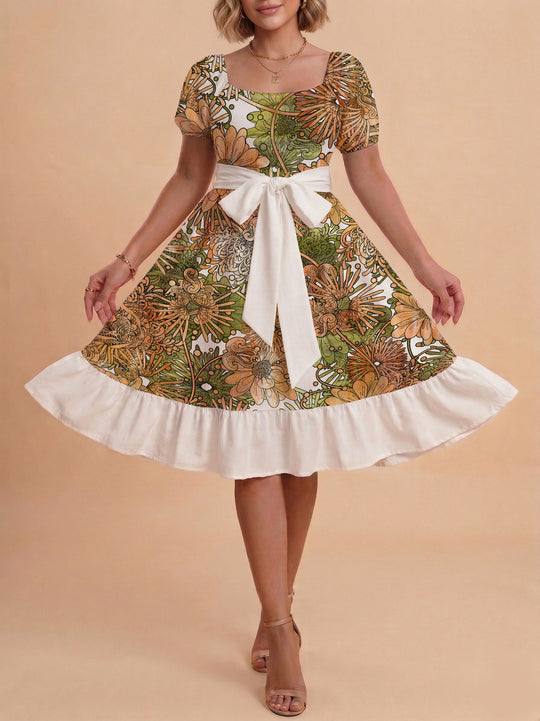 Damen modernes Blumenkleid mit elegantem Taillengürtel und asymmetrischem Saum R&B
