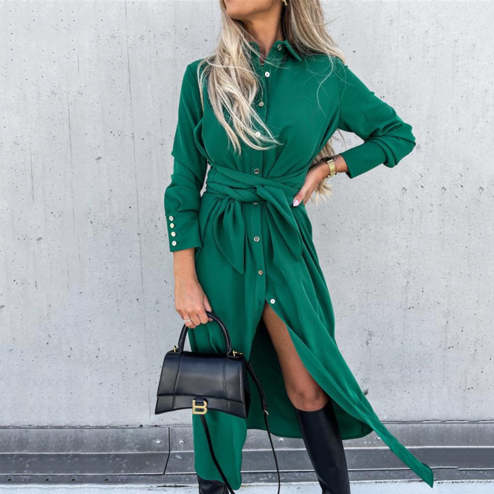 Damen Hemdblusenkleid mit Bindegürtel und seitlichem Schlitz R&B