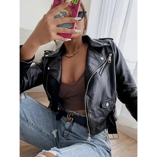 Damen Cropped Kunstleder Bikerjacke mit asymmetrischem Reißverschluss