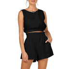 Damen lässiges Leinen-Oberteil mit hochgeschnürtem Saum und Shorts R&B