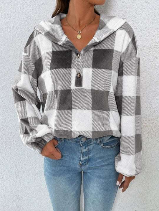 Damen Übergroßer Karierter Flanellpullover mit Kapuze R&B