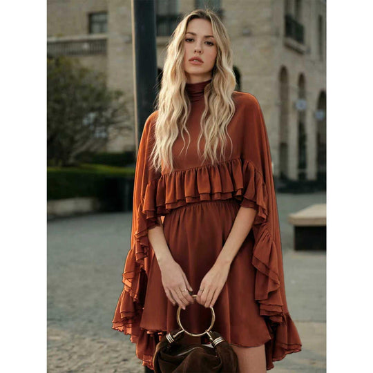 Damen Elegantes Rüschendress mit hochgeschlossenem Ausschnitt und fließendem Schnitt R&B