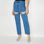 Damen ripped Jeans mit strassbesetzten Schnittstellen R&B