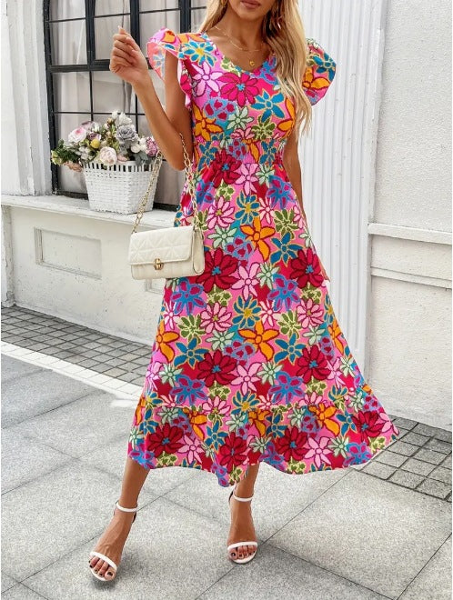 Damen Sommerliches Blumenmaxikleid mit Volantärmeln und elastischem Taillenbund R&B