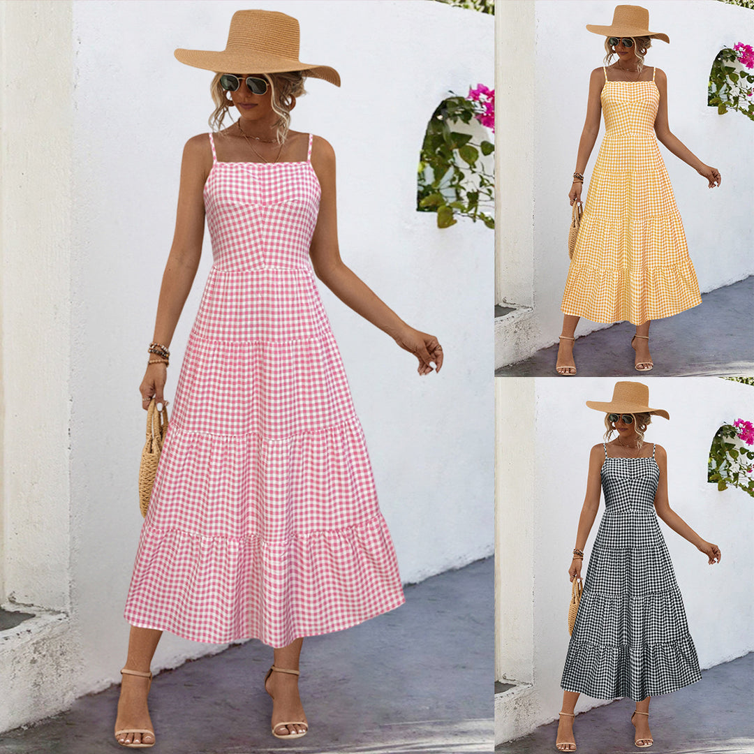 Damen Maxikleid im karierten Design mit Taillenakzent und Rüschensaum R&B