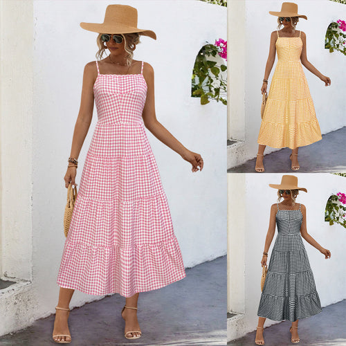 Damen Maxikleid im karierten Design mit Taillenakzent und Rüschensaum R&B