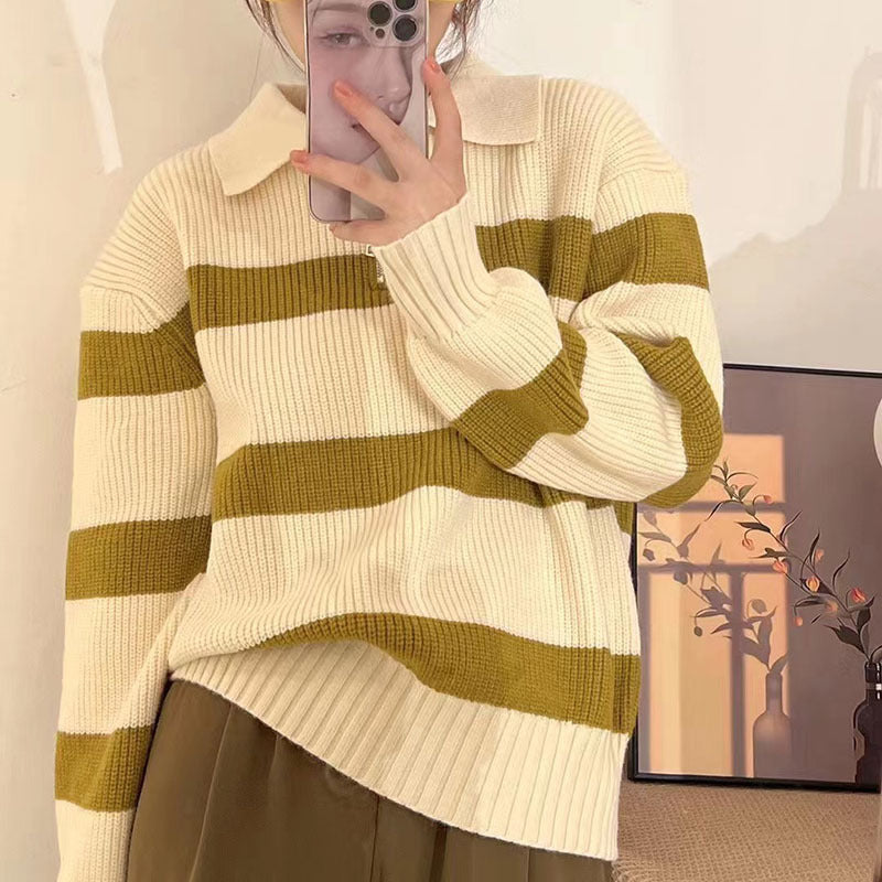 Damen Grob gestrickter Pullover mit modernem Streifenmuster und V-Ausschnitt R&B
