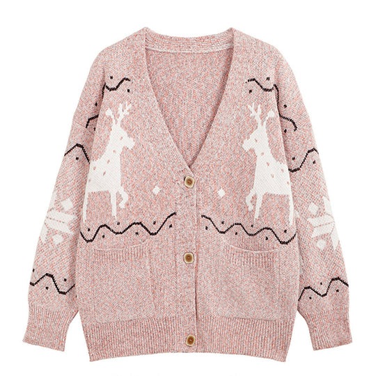 Damen Gemütlicher Cardigan mit Rentier-Motiv und Taschen R&B