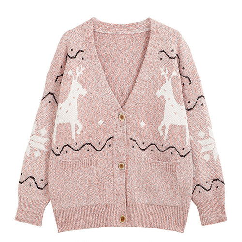 Damen Gemütlicher Cardigan mit Rentier-Motiv und Taschen R&B